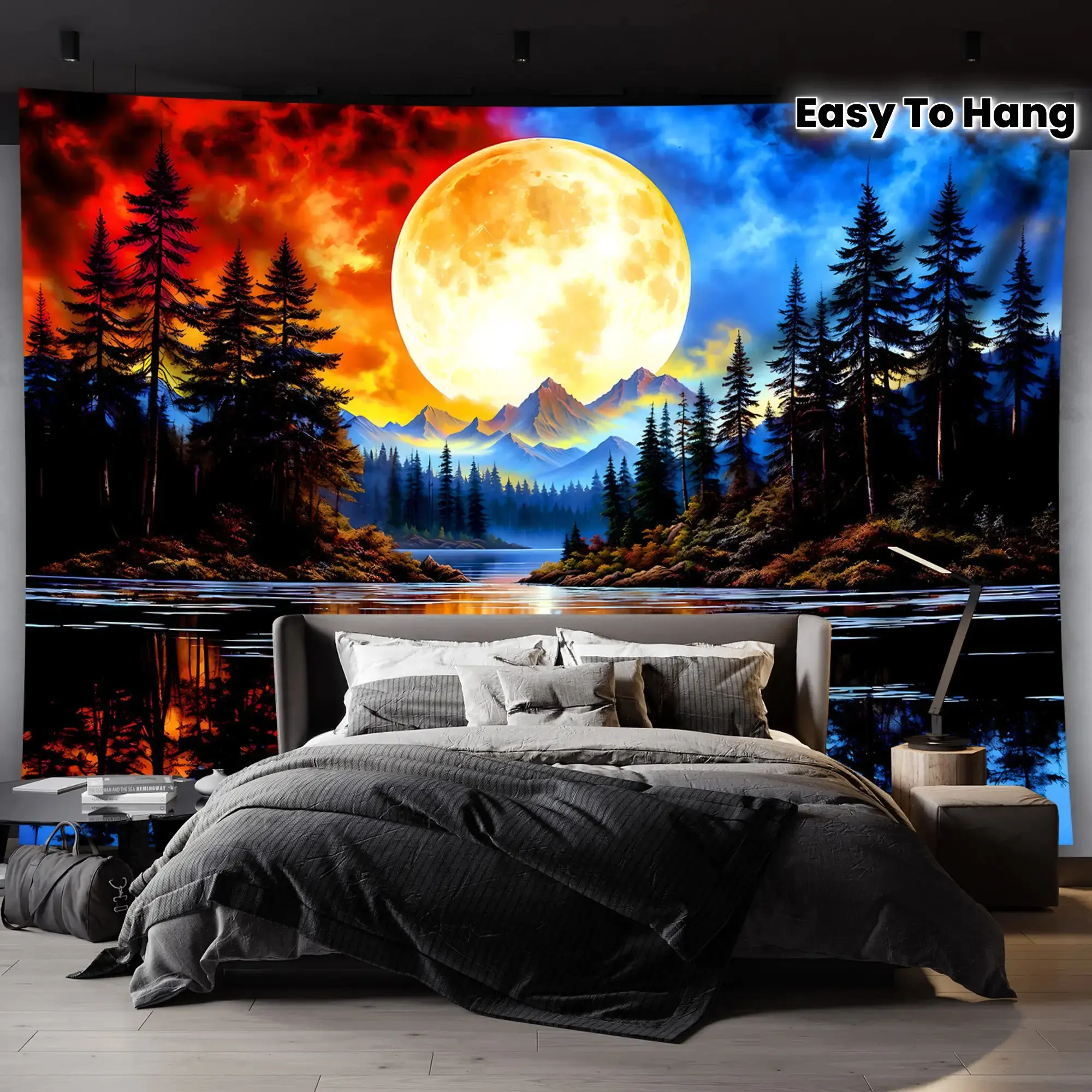 1pc Polyester Landscape Tapestry - Large-Scale Tranquil Moon Forest Lake Mountain Wall Art with Vibrant Sunset, Trees, Water Reflections - Easy-to-Hang Decor for Living Room, Bedroom