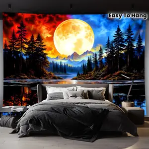 1pc - Large-Scale Tranquil Moon Forest Lake Mountain Landscape Tapestry, Polyester Wall Art with Vibrant Sunset, Trees, and Water Reflections - Ideal for Living Room, Bedroom, Office Decor - Easy to Hang, Bedroom Wall Decor |   Vibrant Landscape Art |   D