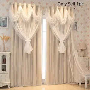 1pc Dreamy Girl Full Blackout Curtains, Double-layered yarn with skirt hem,Korean Style Drapes with Skirt Hem, Top Hole Hanging Design, Ideal for Dining Room, Living Room, Bedroom