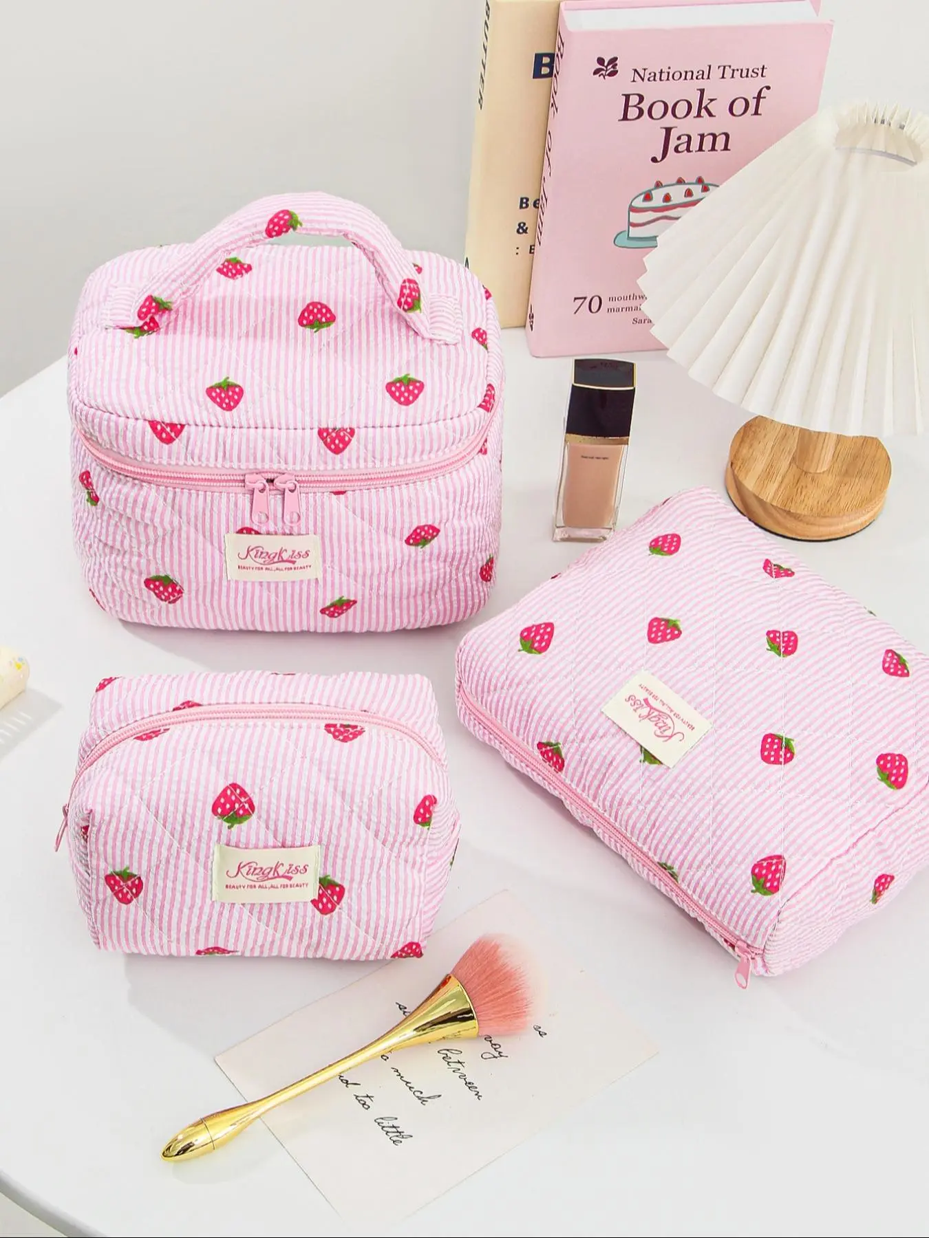 Strawberry Pattern Makeup Bag Set, Travel Cosmetic Bags, Makeup Organizer Pouch, Makeup Brush Storage Bag & Cosmetic Bag & Makeup Mirror, Portable Travel Makeup Bag, Storage Cosmetic Bag, Travel Makeup Bags Organizers, Cosmetics Accessories