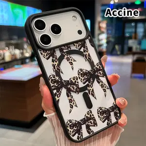 Magnetic Phone Case Compatible with iPhone 17 Pro Max 16 Plus 15 14 13 12 11 Air E Leopard - print Bow Clear Acrylic Back Drop Protection Pocket-Friendly Cellphone Cover Gift
