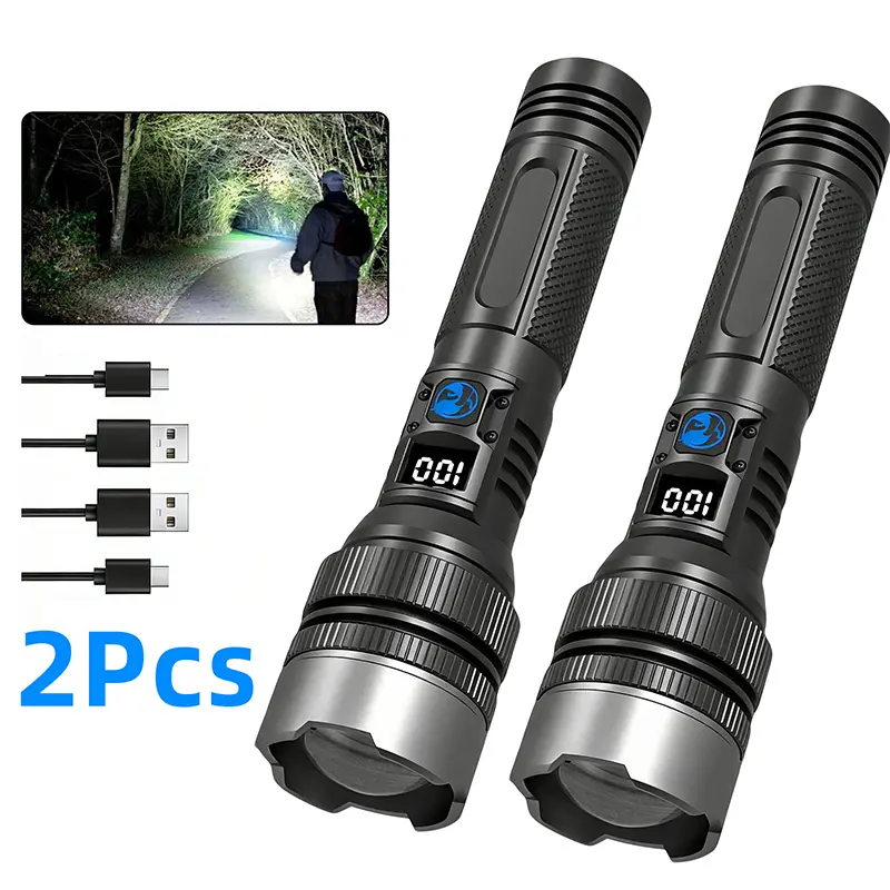 【2pcs】2-in-1 Flashlights  (Power Bank),Rechargeable Small Flashlight, IPX4Waterproof, Adjustable Focus Flash Light for Outdoor, Emergency, , Tactical & Camping Accessories，Black  DealsForYouDays