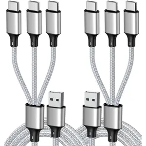 Multi Charging Cable, USB C Splitter Cable, 3 in 1 Fast Charging Cord with 3 Type-C Male Port Compatible with Cell Phones Tablets and More - 2Pack 4FT Silver