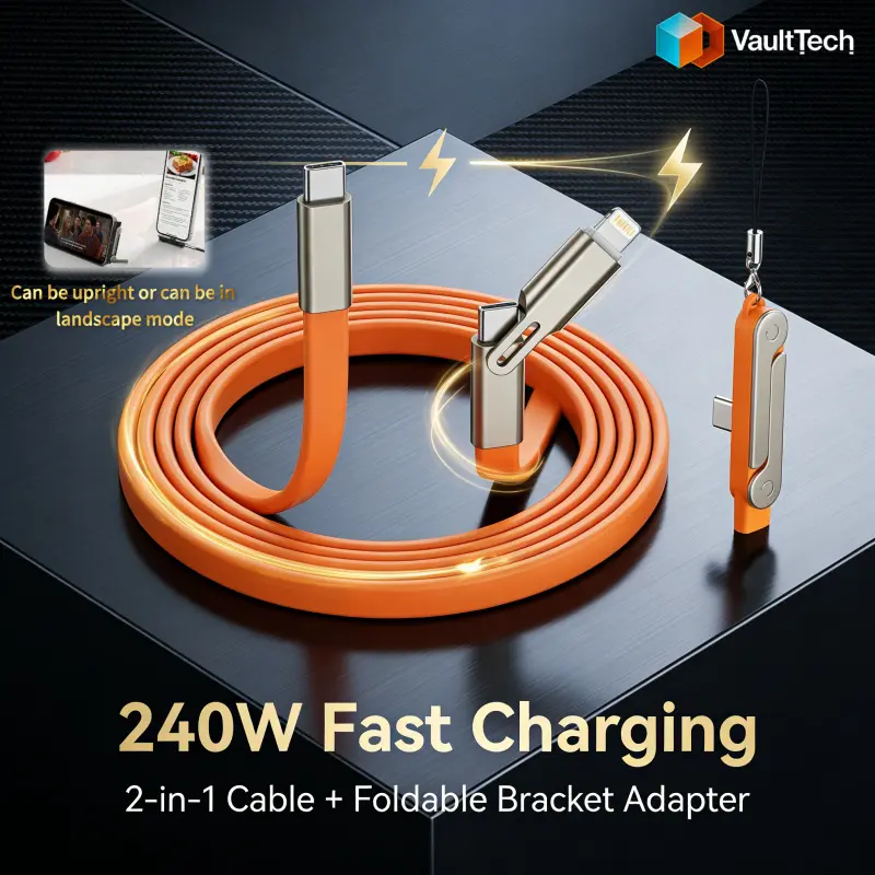 240W 3-in-1 Black/Orange Fast Charging Foldable Bracket Data Cable Type-C to Type-C Data Wire with Phone Tablet Stand Dual Connector Accessory