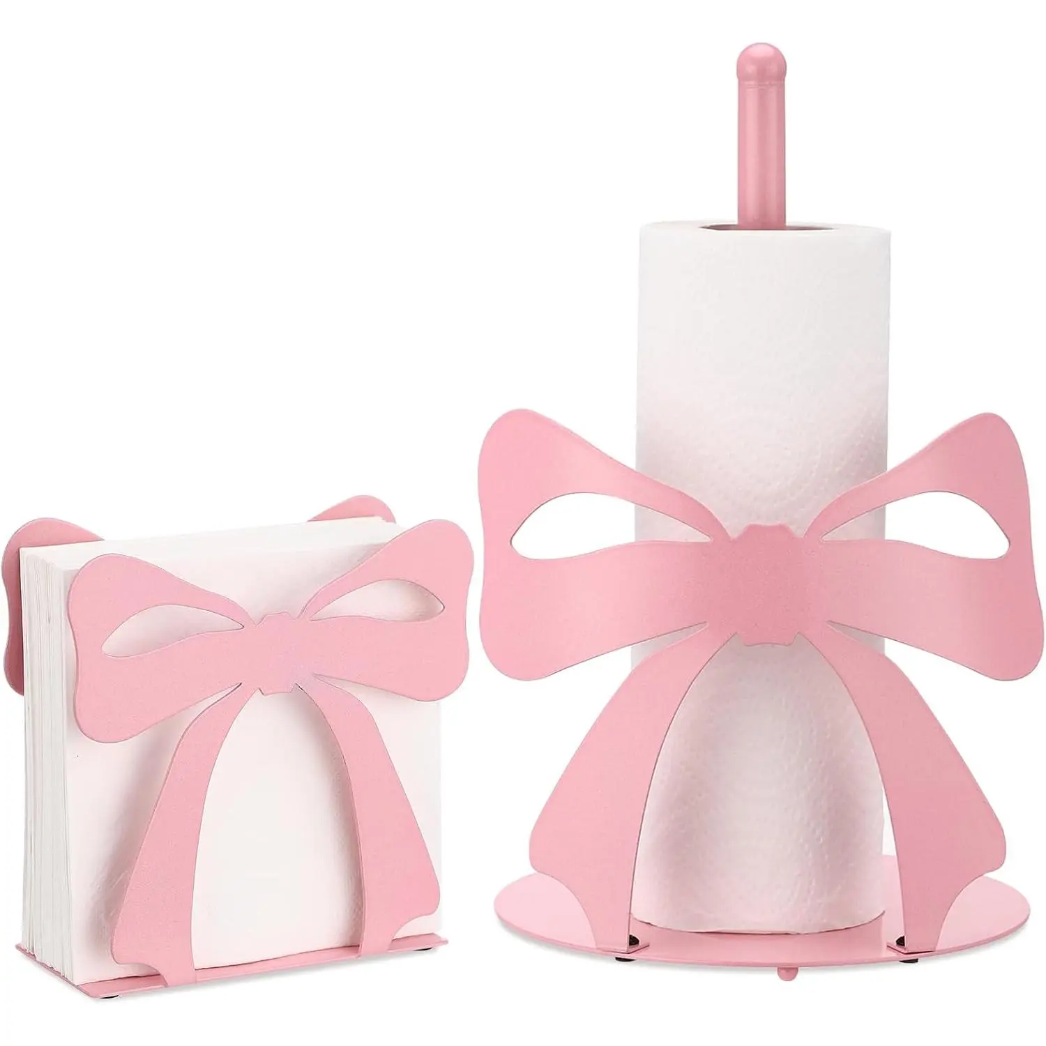 Novabright 2-Pieces (13-Inch Height) Hollow Metal Paper Towel Dispenser, Trendy Bow-Knot Table Stand, Cute Coquette Home Bathroom Decoration Accessory for Party, Baby Shower, Wedding Gift (Pink)