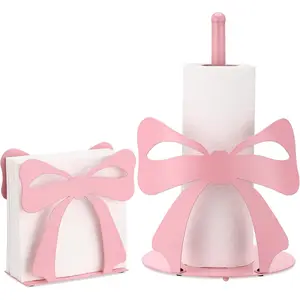 Novabright 2 Pcs Trendy Bow Paper Towel Holder for Tables Metal, Cute Bow Knot Kitchen Decoration Accessories Large Metal Towel Holder Stand for Coquette Wedding Home Party Bathroom Countertop(Pink)