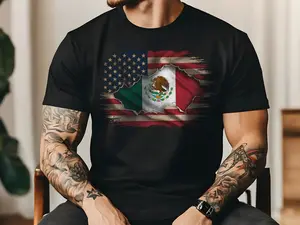 Mexican American Flag Mexican Roots Chicano Pride T-Shirt - 100% Ring-spun Combed Cotton Crew Neck with Classic Fit, Casual Style, Short Sleeve Crewneck Menswear