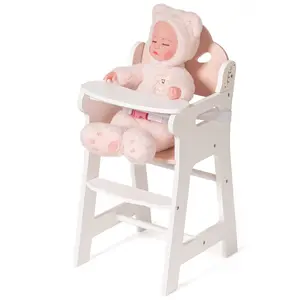 ROBUD Baby Doll High Chair, Pretend Play High Chair with Seat Belt, Pink Wooden Baby Doll Accessories with Movable Tabletop, Fits 18-20 Inch Dolls