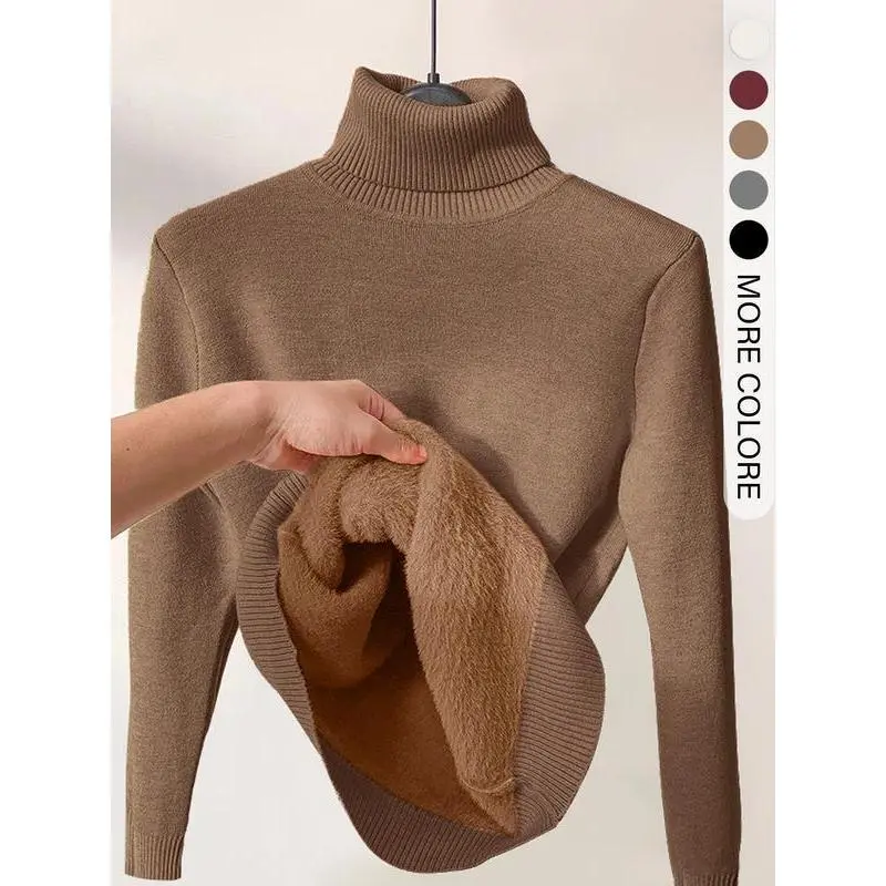 NEW Women's Basic Solid Thermal-Lined Drop-Shoulder High-Neck Knitwear, Long-Sleeve Knit Top for Fall-Winter Daily Outdoor Sports & Outdoor Wear (Gift)