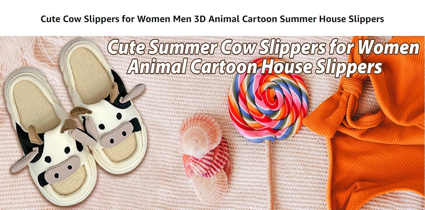 Women’s Cute Cow Print Cartoon Look House Slippers - Open-Toe Slip-On Shoes with Cushioned Bed, Non-Slip Sole, Lightweight All Seasons Indoor/Outdoor Footwear for Bedroom, Lounging