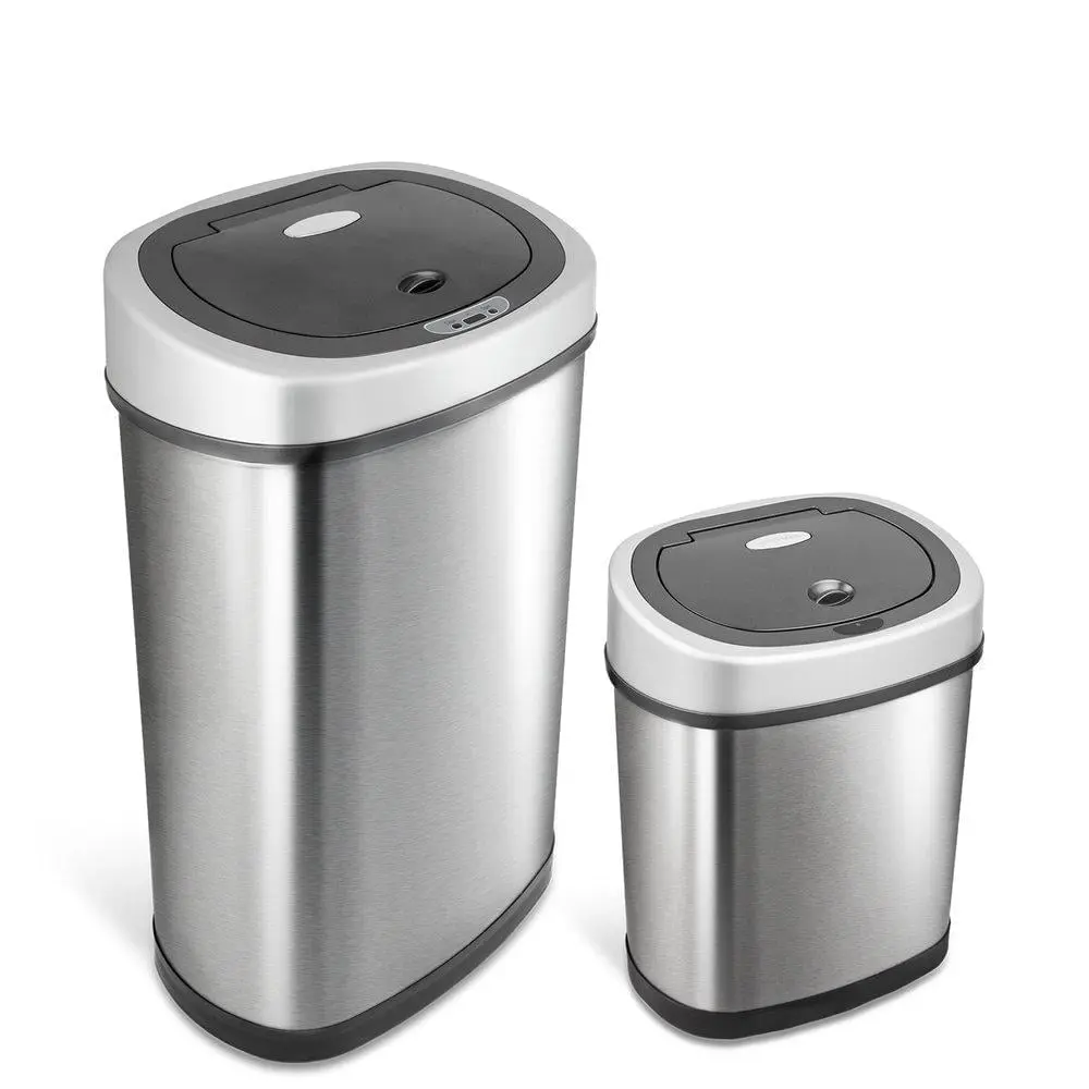 Nine Stars Automatic Kitchen Trash Can Combo, 13 Gallon + 3 Gallon Stainless Steel, Motion Sensor Hands-Free Soft-Close Lid Garbage Bin, Silver
