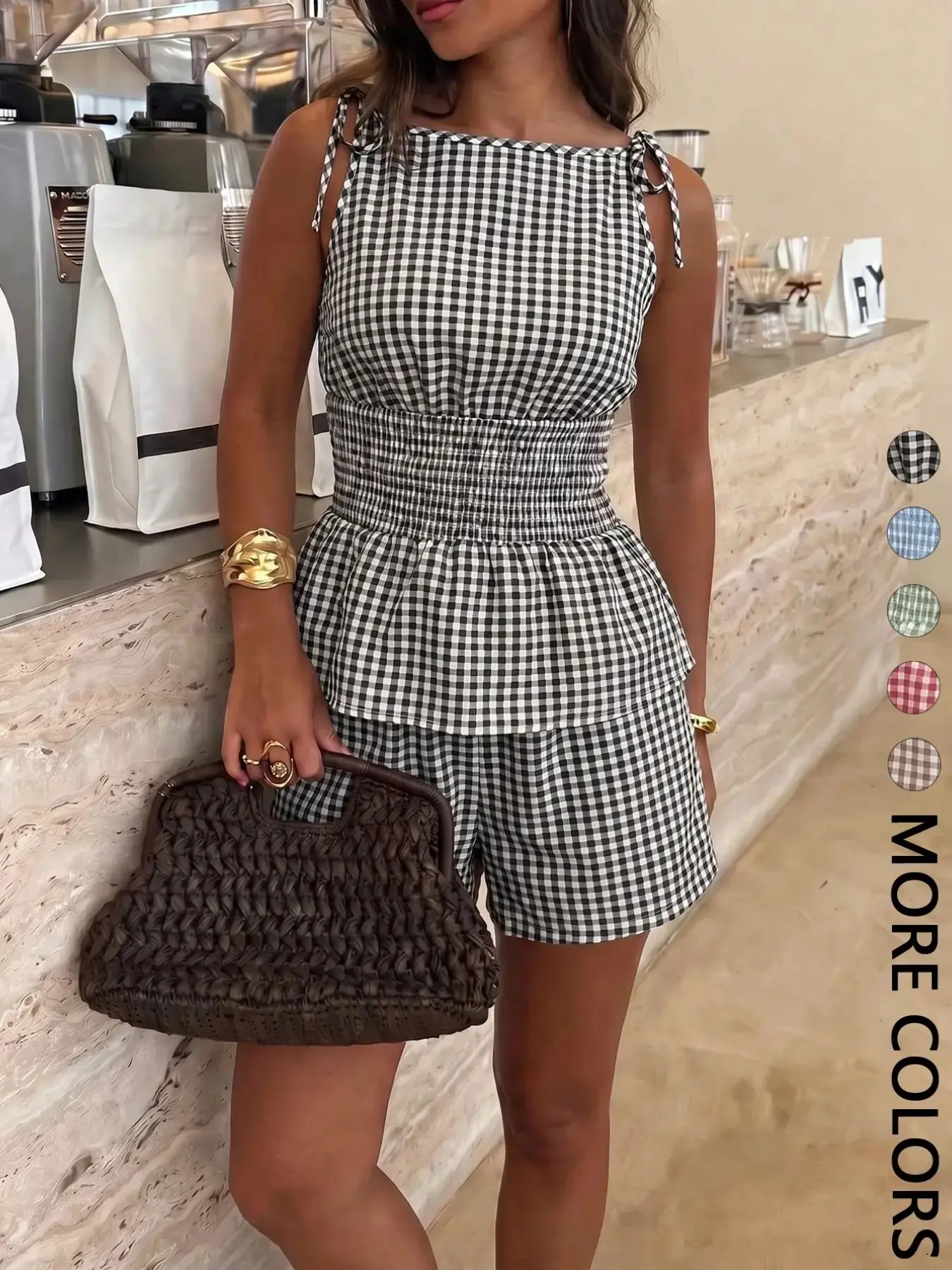 Women's Gingham Check Textured Woven Tank Top & Shorts Set, Adjustable Tie Shoulder Straps, Smocked Waist, Peplum Hem, Elastic Waistband, Breathable Lightweight Fabric, Daily Casual Vacation Home Leisure Aesthetic Women's Wear  2 Piece