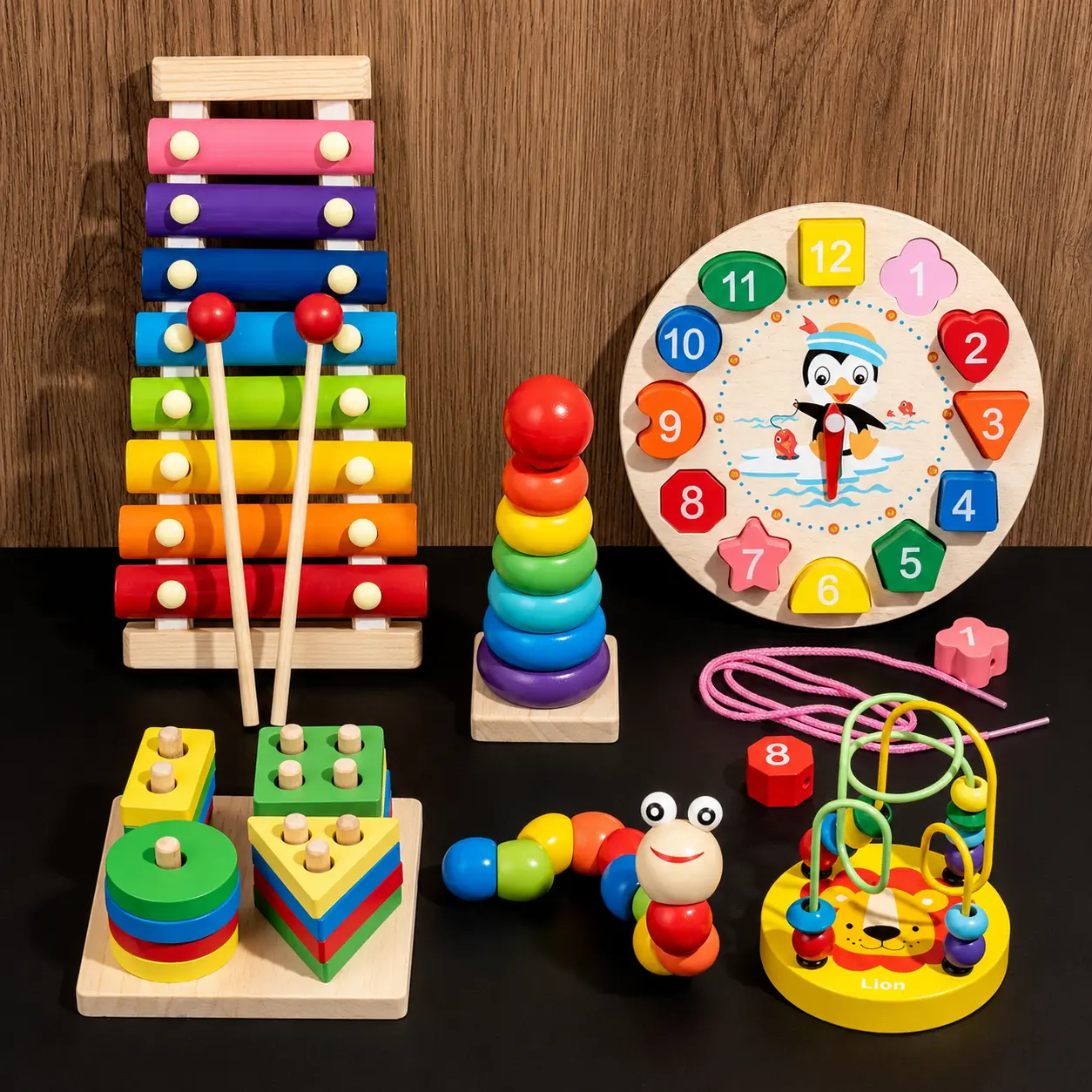 Educational Toys Set for Kids - Includes Colorful Xylophone, Number Clock, Shape Puzzle, and More - Perfect for Early Learning and Development