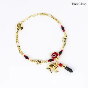 14K Gold Plated Elephant Evil Eye Bracelet Anklet, Adjustable Hypoallergenic Bohemian Style Jewelry for Women, Lucky Charm Fashion Accessory for Everyday Wear and Spring Summer Outfits