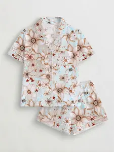 Women's Floral Printed Pyjama Set, Short Sleeve Button-Up Top & Elastic Shorts, Casual Home Wear, Loungewear, All Seasons Comfortable Sleepwear, Pajama Set