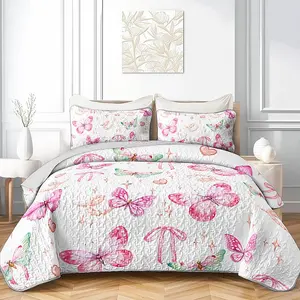 Butterfly Bowknot Quilt Set Full/Queen Size 3 Pieces Pink Bow Tie Printed Bedspread Coverlet Set Soft Microfiber Lightweight Girls Bedding Set with 2 Pillowcases for All Season
