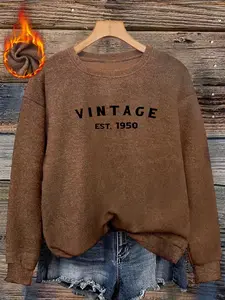 Vintage Faux Fur Round Neck Long Sleeve Top, Soft Velvety Fabric, Classic Letter Print, Casual Loose Fit, Daily Versatile Wear, Fall & Winter, Womenswear