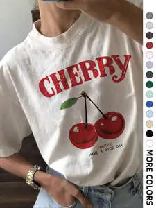Women's Cherry & Letter Print Drop Shoulder Tee, Trendy Casual Streetwear Short Sleeve Round Neck T-Shirt, Ladies Clothes for Daily Wear, Womenswear