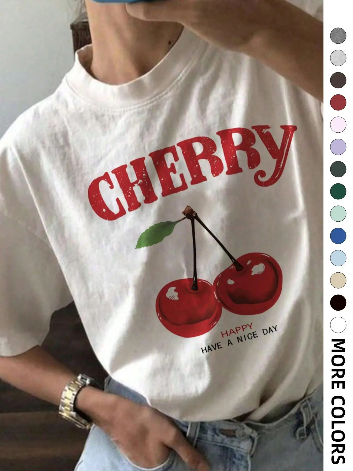 Women's Cherry & Letter Print Drop Shoulder Tee, Casual Trendy Short Sleeve Round Neck T-Shirt, Ladies Clothes for Daily Wear, Summer Tshirt