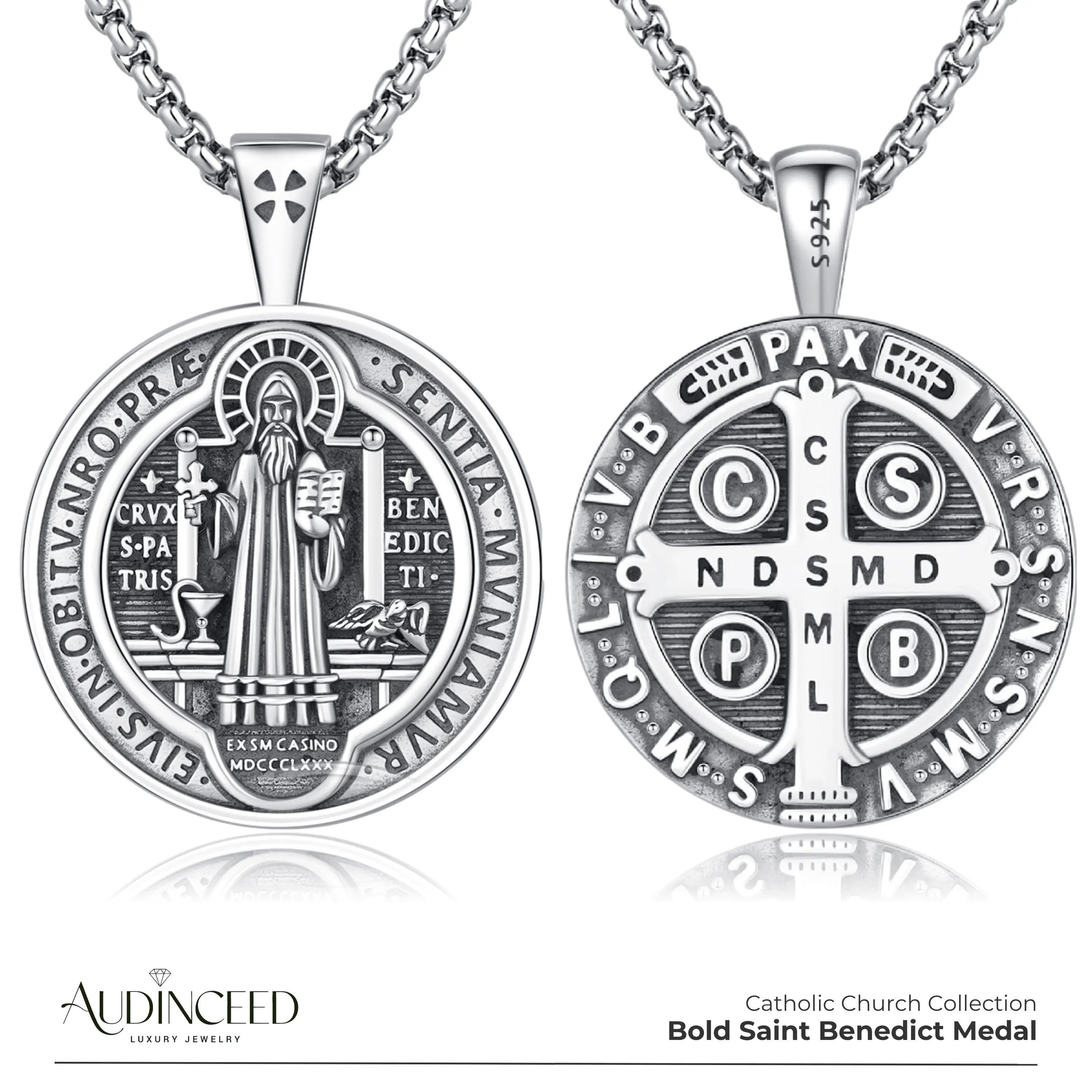 Audinceed St Saint Benedict Medals Necklace, Solid S925 Sterling Silver Medalla de san benito Catholic Church Protection Silver Necklace Pendant Relig