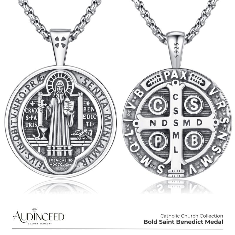 Audinceed St Saint Benedict Medals Necklace, Solid S925 Sterling Silver ...