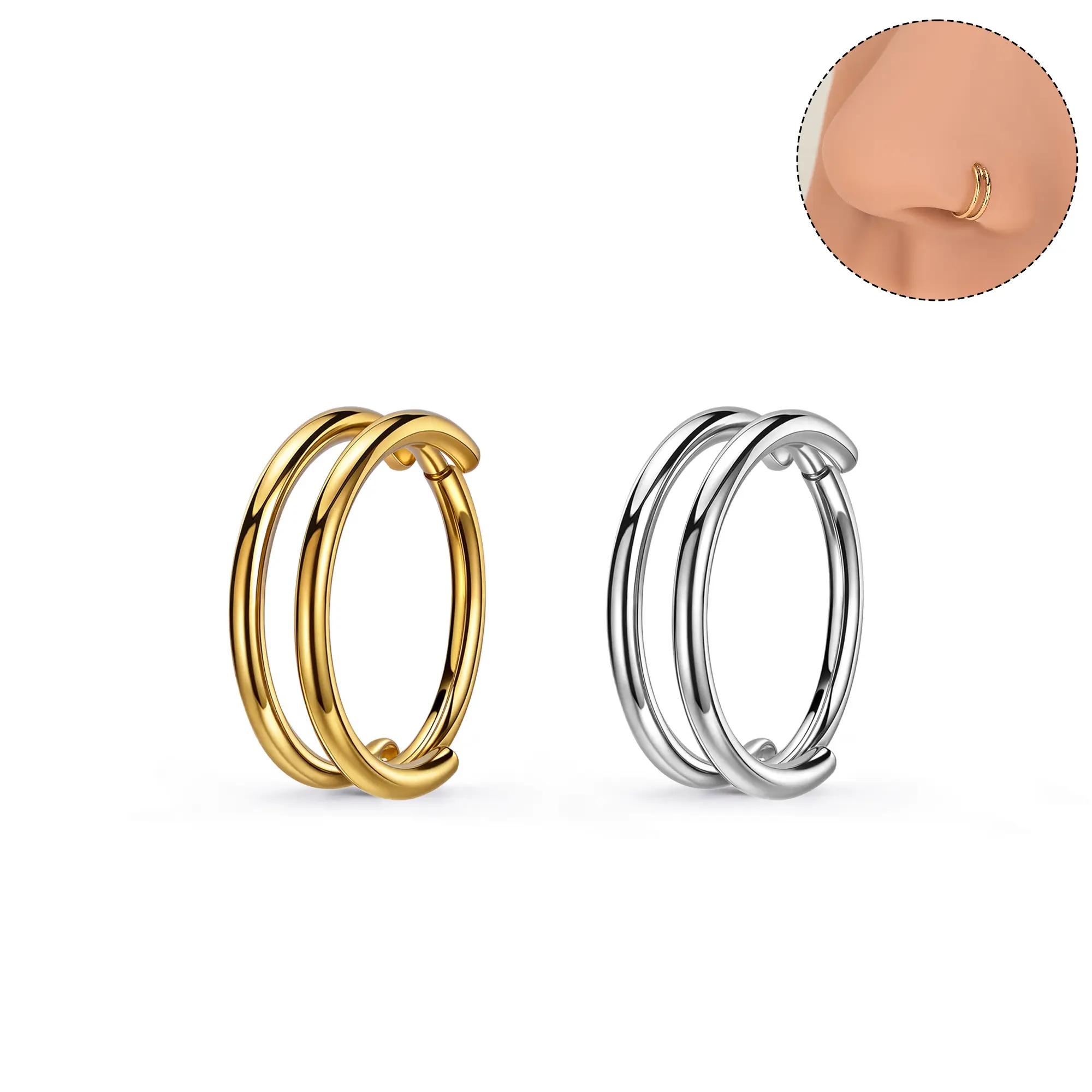 Oufer 20G Plain Daily Hinged Segment Double Hoop Nose Ring 316L Stainless Steel Nose Rings for Women