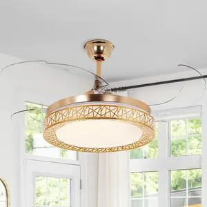 42.1 Inch Gold Retractable Ceiling Fan with Lights, 3 Color Temperature Changing LED, Remote Control, Transparent ABS Blades for Living Room Bedroom Dining Room Kitchen Island