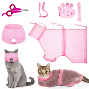 5 Pcs Pink Cat Bathing Set: Grooming Bag (Adjustable), Shower Net, Muzzles, Nail Clipper, Tick Remover & Massage Brush.