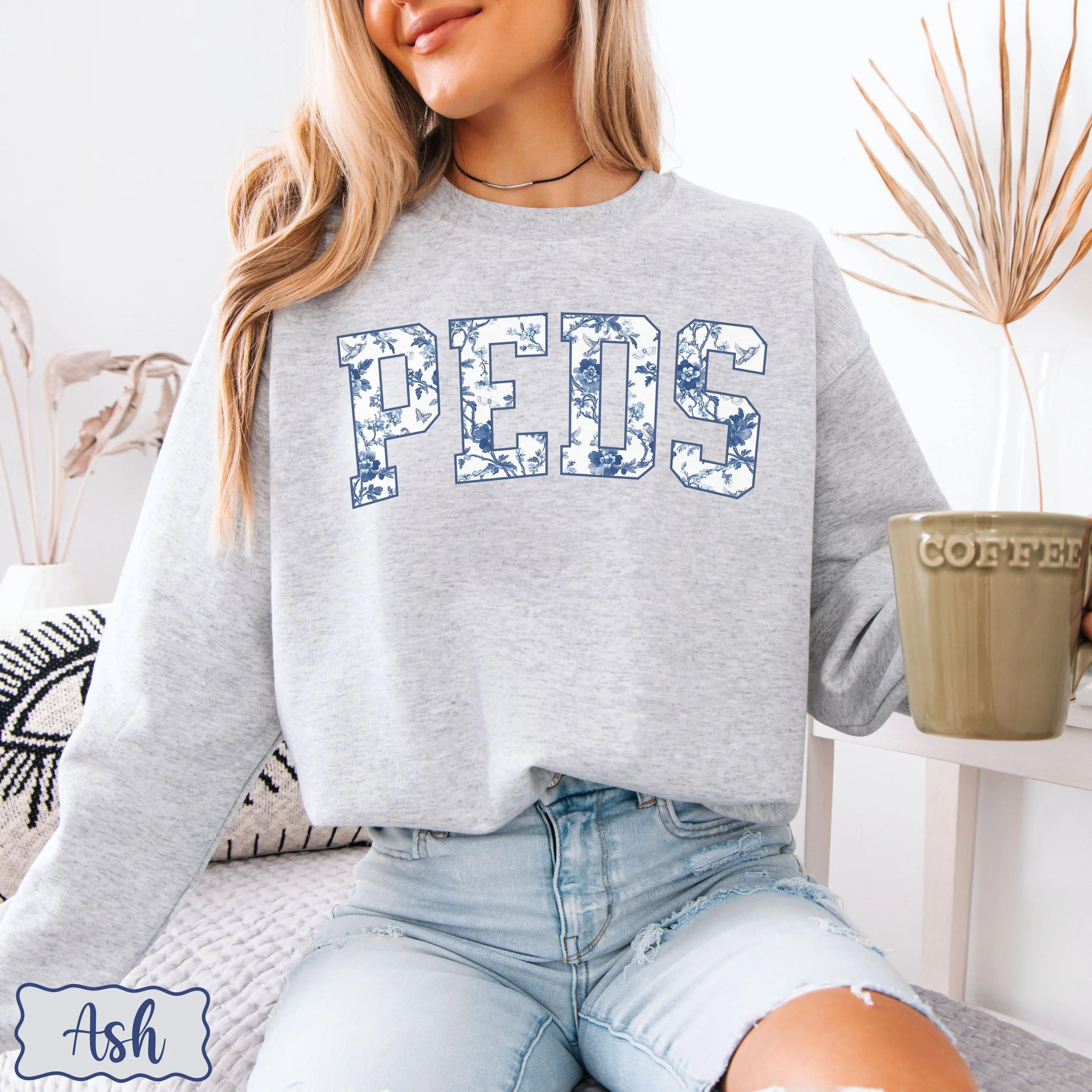 Pediatric Crew Floral T-Shirt / Sweatshirt / Hoodie, Blue Toile Wildflower short sleeve, Cute PEDS Nurse Sweatshirt,  Registered Nurse , Floral ER Nurse Unisex Cotton