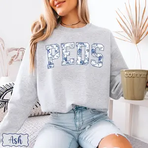Pediatric Crew Floral T-Shirt / Sweatshirt / Hoodie, Blue Toile Wildflower short sleeve, Cute PEDS Nurse Sweatshirt,  Registered Nurse , Floral ER Nurse Unisex Cotton
