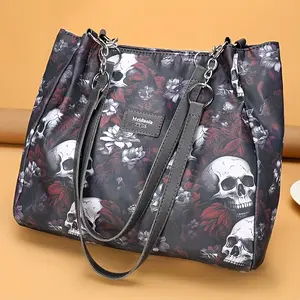 Women'S Gothic Skull & Floral Tote Bag - Large Capacity Nylon Handbag with Fixed Strap, Zipper Closure, Golden-Tone Hardware, Machine Washable - Dark Red/ Fashionable Shopping Bag Handheld Bag