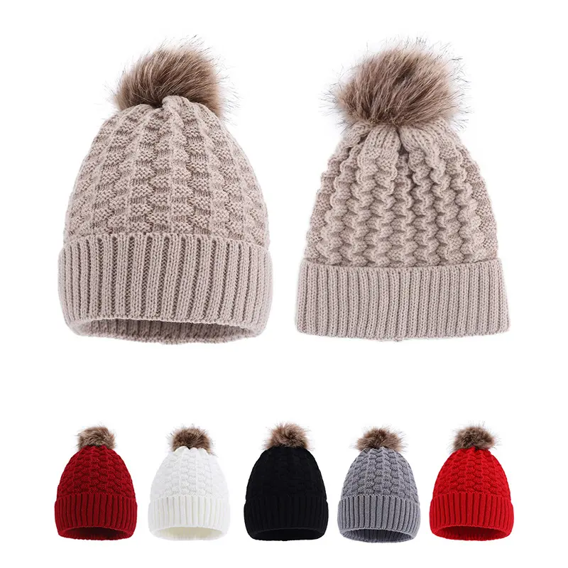 Womens Winter Knitted Beanie Hat with Faux Fur Pom Warm Knit Skull Cap Beanie for Women