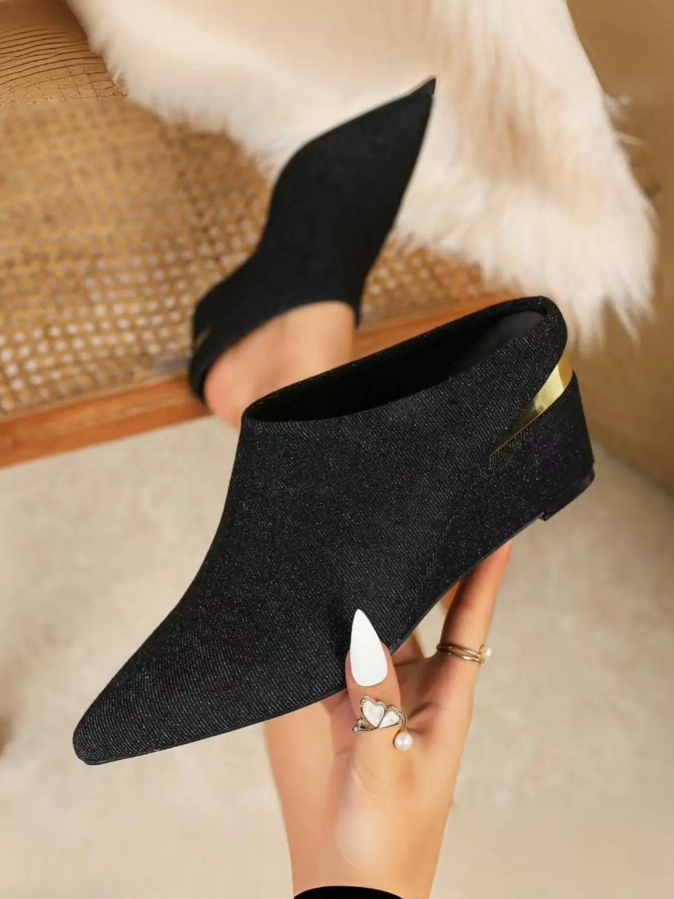 New Denim Wedge Heels, All Season Casual Shoes, American Retro Style, Slip-On Design, Pointed Toe, Medium Width, Rubber, Perfect for Any Occasion, Elegant Heeled Shoes, Stylish Footwear High Heels Women Fashion