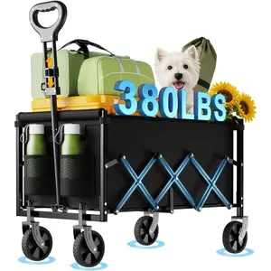 Collapsible Wagon Cart Foldable Beach Wagon with -Terrain Wheels - 380 LBS Heavy Duty Grocery Cart for Shopping, Beach, Camping, , Garden (Black)