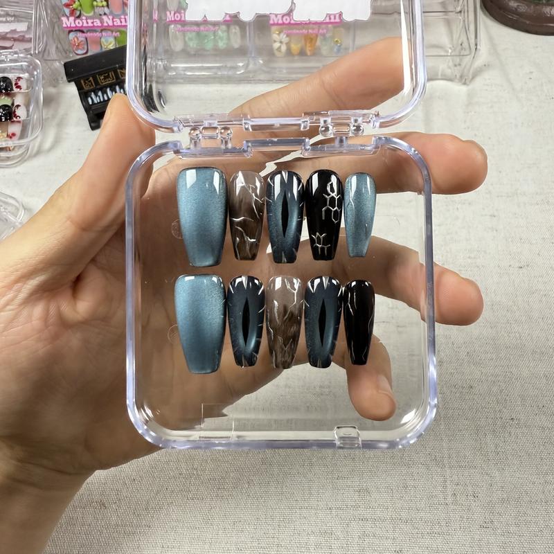 Midnight Blue Ombre Press On Nails – Long Coffin, Smoky Cat-Eye Effect & Marble Lines (Handmade, 10pcs)