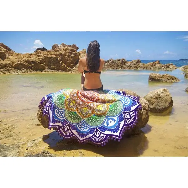 Polygon Printed Tassel Round Bath Towel Yoga Mat, Retro Ethnic Design, 80% Polyester and 20% Polyamide Fiber, 150cm Diameter