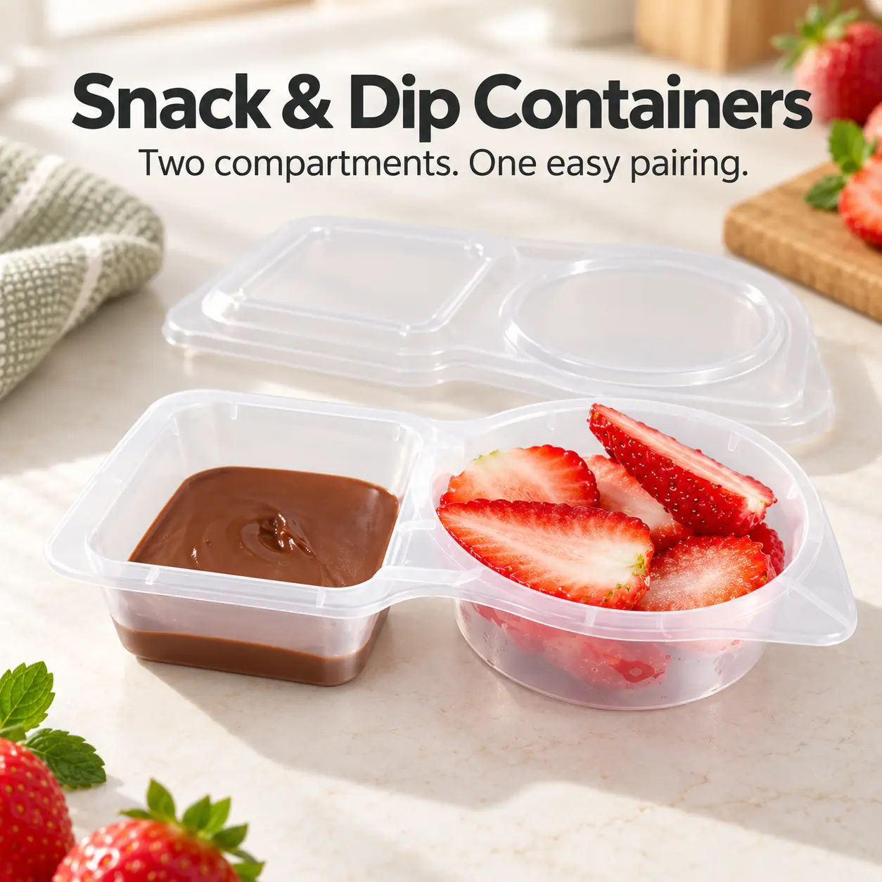 2 Compartment Snack & Dip Containers, Clear Plastic Divided Snack Box with Lid, 60ml Square +70ml Round, Portable Snack Prep Container for Lunch, Picnic.
