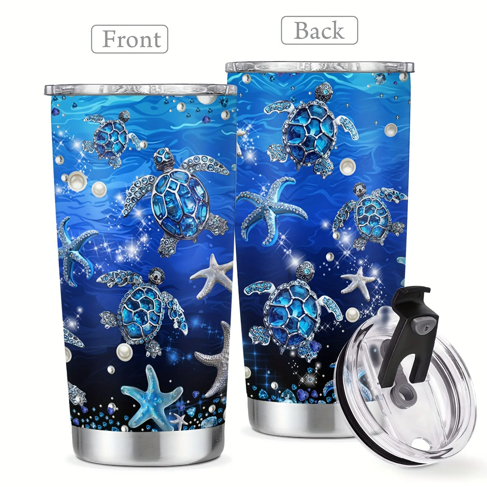 Women's 20oz Reusable Stainless Steel Double Wall Vacuum Flask - Blue Gem Starfish Sparkly Underwater Print, Ocean Sea Turtle Insulated Tumbler with Lid, Portable Beach-Themed Insulated Travel Cup