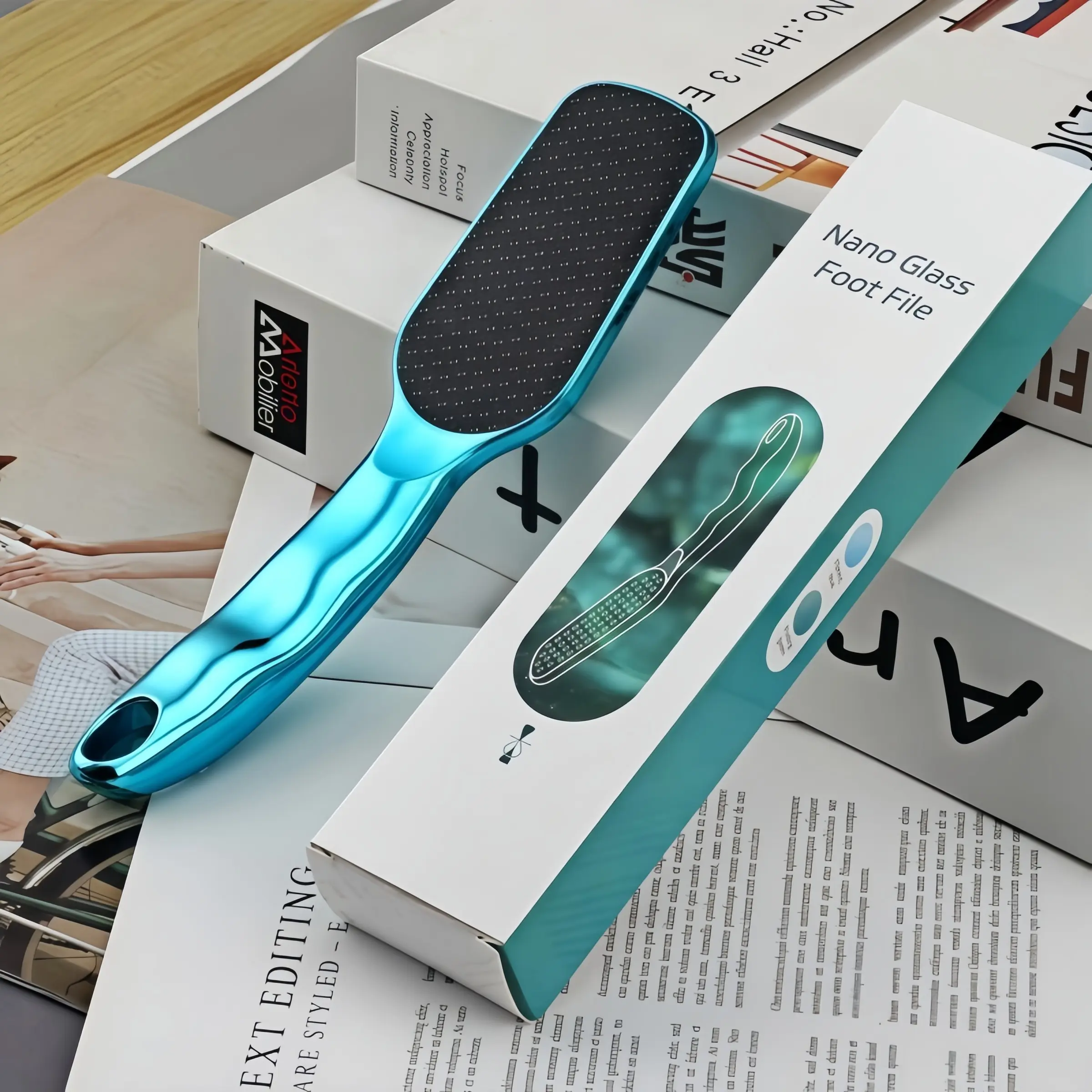 Electroplated Blue Nano Glass Foot File Callus Remover for Feet, Glossy Curved Handle, Micro-Abrasive Surface, Washable Durable, for Men Women, Home Foot Care Pedicure Tools