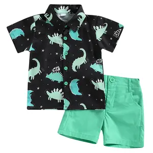 Toddler Boys Summer Clothes Outfits Dinosaur Print Short Sleeve Turn-Down Collar Shirts Tops Solid Shorts 2Pcs Suit