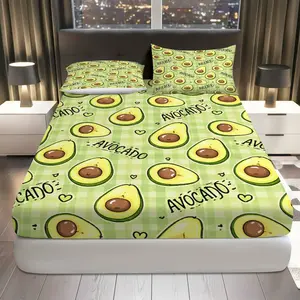 3Pcs Avocado Plaid Green Fitted sheet Three Piece Set (1*Fitted Sheet+2*Pillowcases, Coreless), Food theme, Fruit Bedding Set, Mattress protector Soft, Breathable