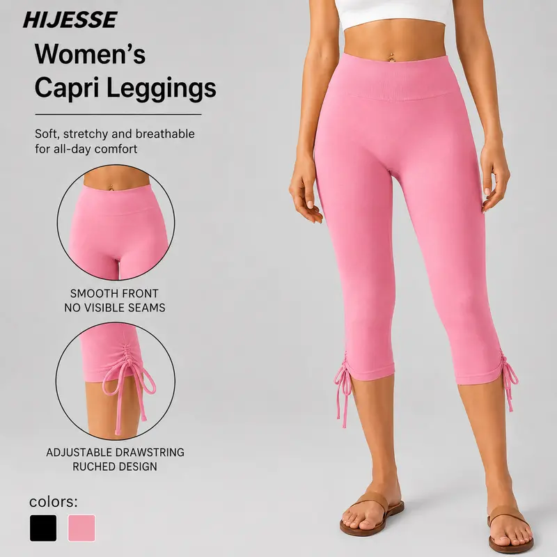 HIJESSE Women's High Waist Capri Leggings with Side Bow Ties, Snatched Fit, Stretchy & Non-See-Through, For Casual Outings, Brunch, Yoga & Streetwear, Coquette Athleisure Style, Spring & Summer, Viral Y2K It-Girl Leggings