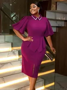 【Plus Size】 Glitter Sequin Decor V-neck Dress, Elegant Fashion Casual Half Sleeve Dress for Party Club Dating Wear, Women Plus Clothing for Spring & Fall