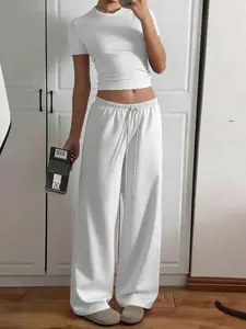 Women's Summer Sexy Solid Color Fitted Short Sleeve T-Shirt and Loose Straight Leg Long Pants Set, Casual Relaxed Fit