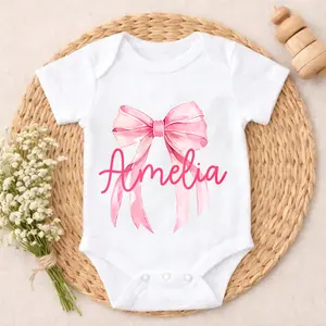 Pink Bow And Name Amelia Baby Bodysuit Casual Short SleeveRomper Crew Neck Outfit for Baby Boys & Girls  valentine's day Ultra-Soft Cotton Must-Have Comfort Baby Clothes for Outdoor Daily Wear