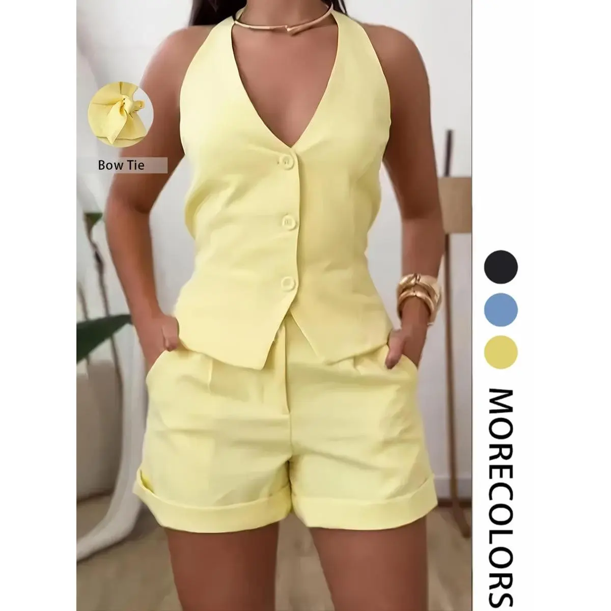 Two-piece Set Women's Solid Color V Neck Button Front Vest Blazer & Shorts, Casual Sleeveless Top & Shorts for Daily Wear, Ladies Summer Clothes, Plunge Neck Top-TAO