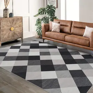 GARVEE Machine Washable Plaid Checkered Design Non-Slip Rubberback Runner Rug Modern Abstract Geometric Print Carpet Traditional Area Rug for Hallway,Kitchen,Bedroom,Living Room,4x6,Black and White