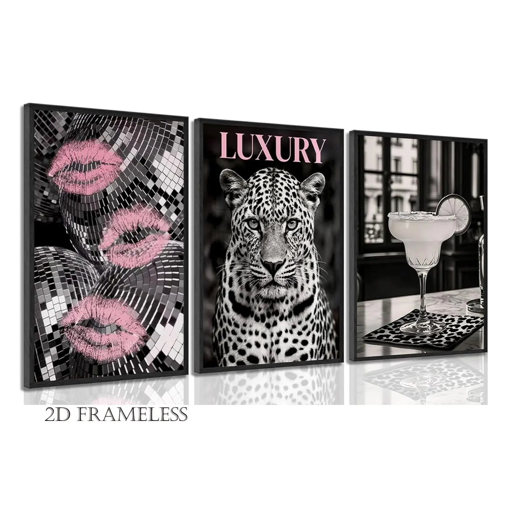3-piece set of leopard-print canvas wall art, Art Wall Decoration, Artistic, retro-style bar cart posters featuring vintage black-and-pink leopard, cocktail, disco ball motifs, minimalist decor perfect for girls' rooms and college dorms, frameless