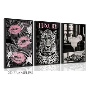 3-piece set of stylish leopard-print canvas wall art; retro-style bar cart posters featuring vintage black-and-pink leopard, cocktail, kissing lips, and disco ball motifs; minimalist aesthetic decor perfect for girls' rooms and college dorms; frameless