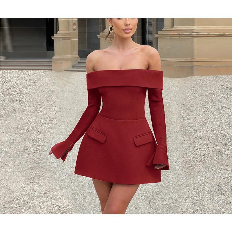 Fashionable Elegant Backless Off-Shoulder Tube Top Slim Fit Long Sleeve A-Line Dress for Women Formal Womenswear  Basic Minimalist White sundress